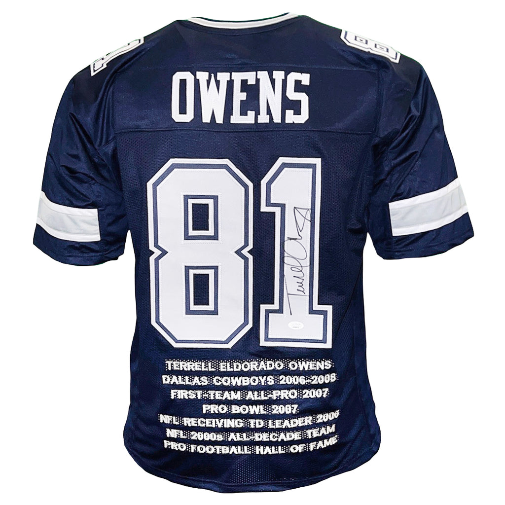 Terrell Owens Signed Dallas Blue Stats Football Jersey (JSA) — RSA