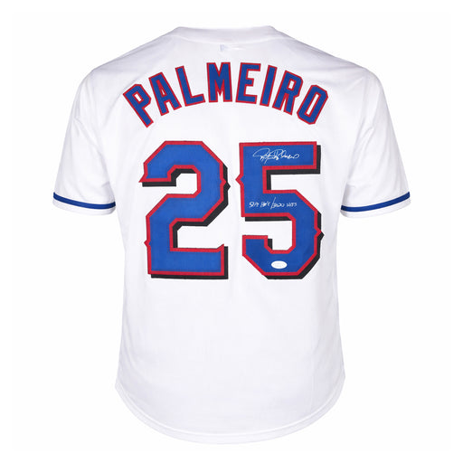 Rafael Palmeiro Signed 569hrs 3020 hits Inscription Texas White Shadow Numbers Baseball Jersey (JSA)