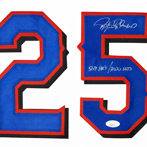 Rafael Palmeiro Signed 569hrs 3020 hits Inscription Texas White Shadow Numbers Baseball Jersey (JSA)
