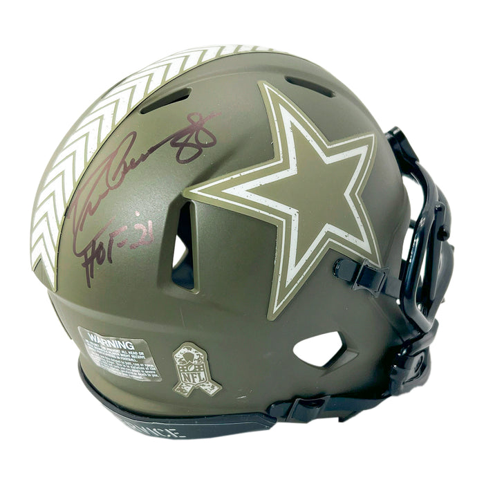 Drew Pearson Signed HOF 21 Dallas Cowboys Salute to Service Mini Football Helmet Black Ink (JSA)