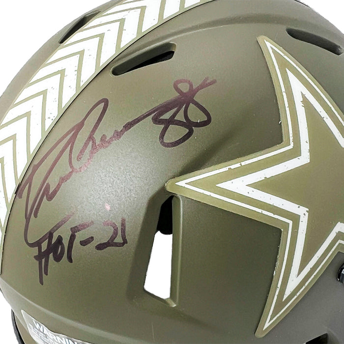 Drew Pearson Signed HOF 21 Dallas Cowboys Salute to Service Mini Football Helmet Black Ink (JSA)