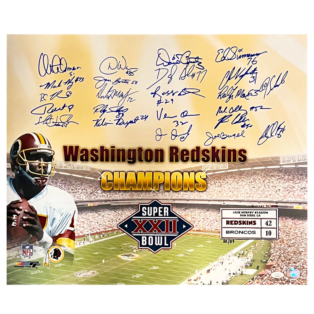 Redskins Super Bowl XXII Champions Signed 23 Signature Football 20x24 Photo (JSA)