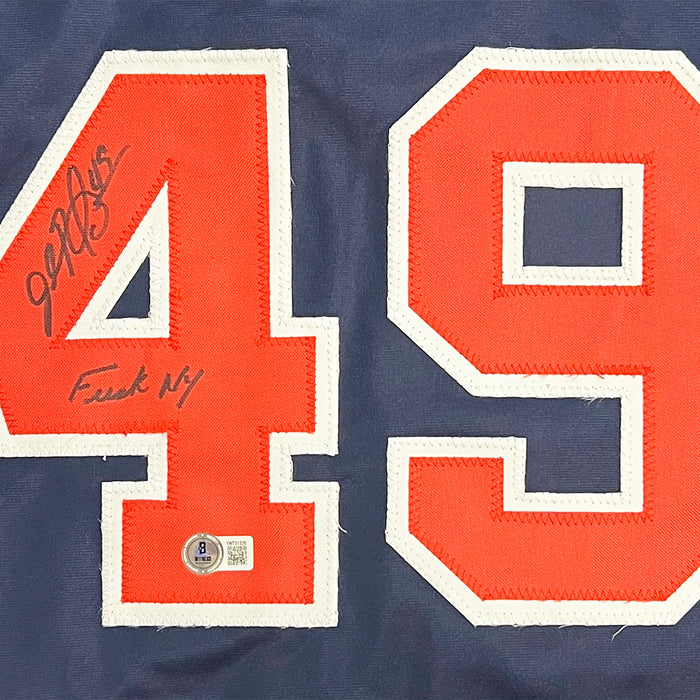 John Rocker Signed F*** NY Inscription Atlanta Navy Baseball Jersey (Beckett)