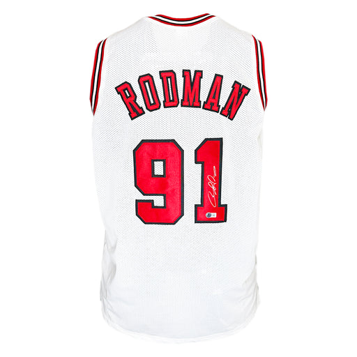 Dennis Rodman Signed Chicago White Basketball Jersey Silver Ink (Beckett)
