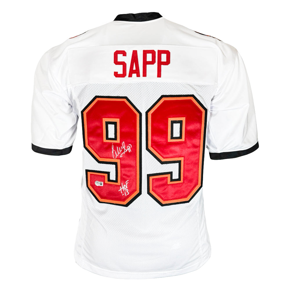 Warren Sapp Signed HOF 13 Inscription Tampa Bay White Football Jersey Silver Ink (Beckett)