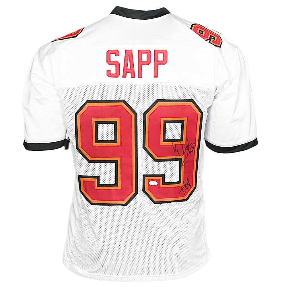 Warren Sapp Signed HOF 13 Inscription Tampa Bay White Football Jersey (JSA)