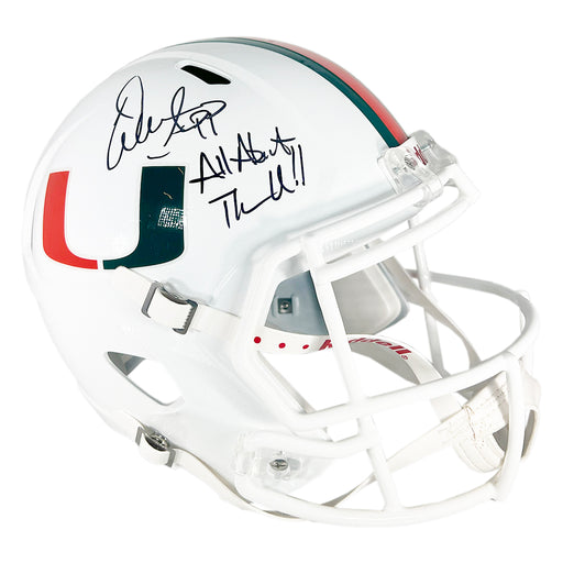Warren Sapp Signed All about the U!! Inscription Miami Hurricanes Speed Full-Size Replica Football Helmet (Beckett)