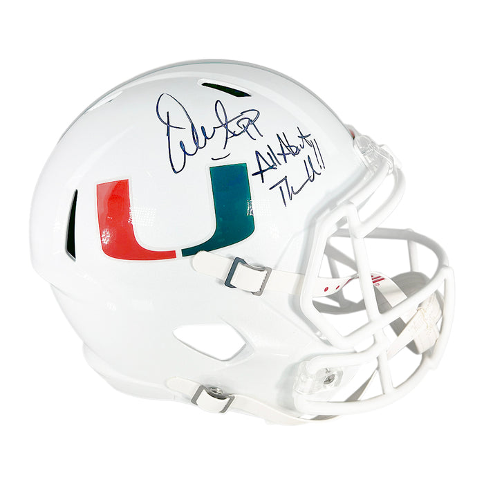 Warren Sapp Signed All about the U!! Inscription Miami Hurricanes Speed Full-Size Replica Football Helmet (Beckett)