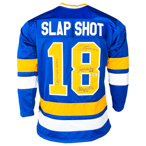 Slapshot Movie Signed Three Signature Old Time Hockey Inscription Blue Hockey Jersey (Beckett)