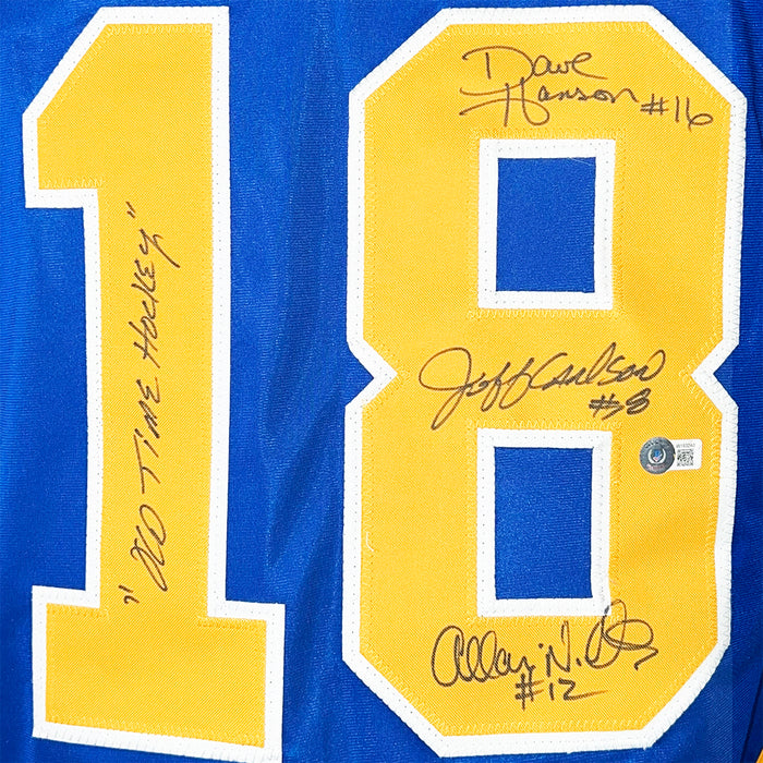 Slapshot Movie Signed Three Signature Old Time Hockey Inscription Blue Hockey Jersey (Beckett)