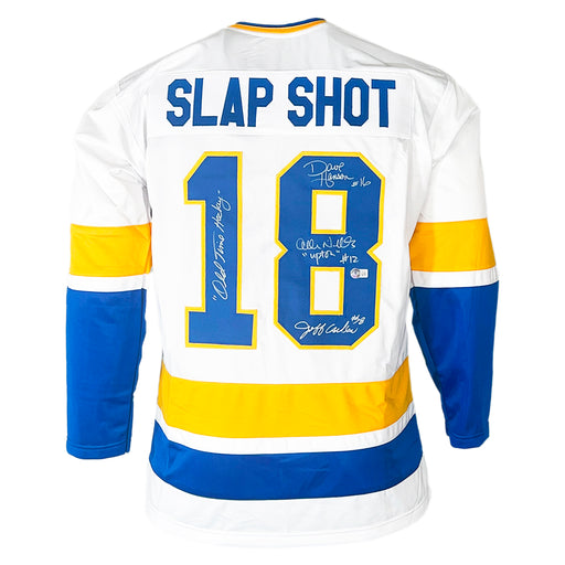 Slapshot Movie Signed Three Signature Old Time Hockey Inscription White Hockey Jersey (Beckett)