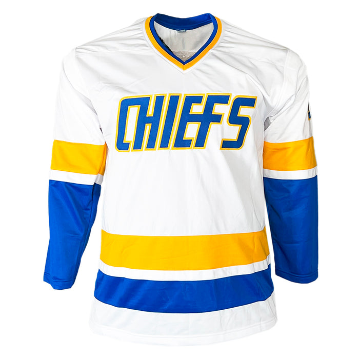 Slapshot Movie Signed Three Signature Old Time Hockey Inscription White Hockey Jersey (Beckett)