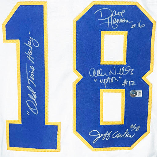 Slapshot Movie Signed Three Signature Old Time Hockey Inscription White Hockey Jersey (Beckett)