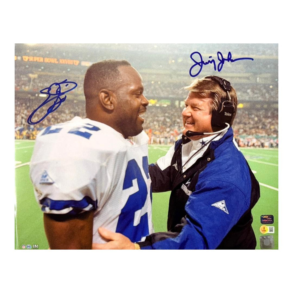 Jimmy Johnson and Emmitt Smith Signed Dallas Cowboys 16x20 Football Photo (Beckett)