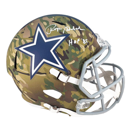 Roger Staubach Signed Hof 85 Inscription Dallas Cowboys Camo Speed Full-Size Replica Football Helmet (Beckett)