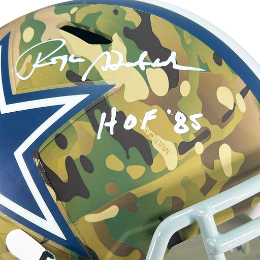 Roger Staubach Signed Hof 85 Inscription Dallas Cowboys Camo Speed Full-Size Replica Football Helmet (Beckett)
