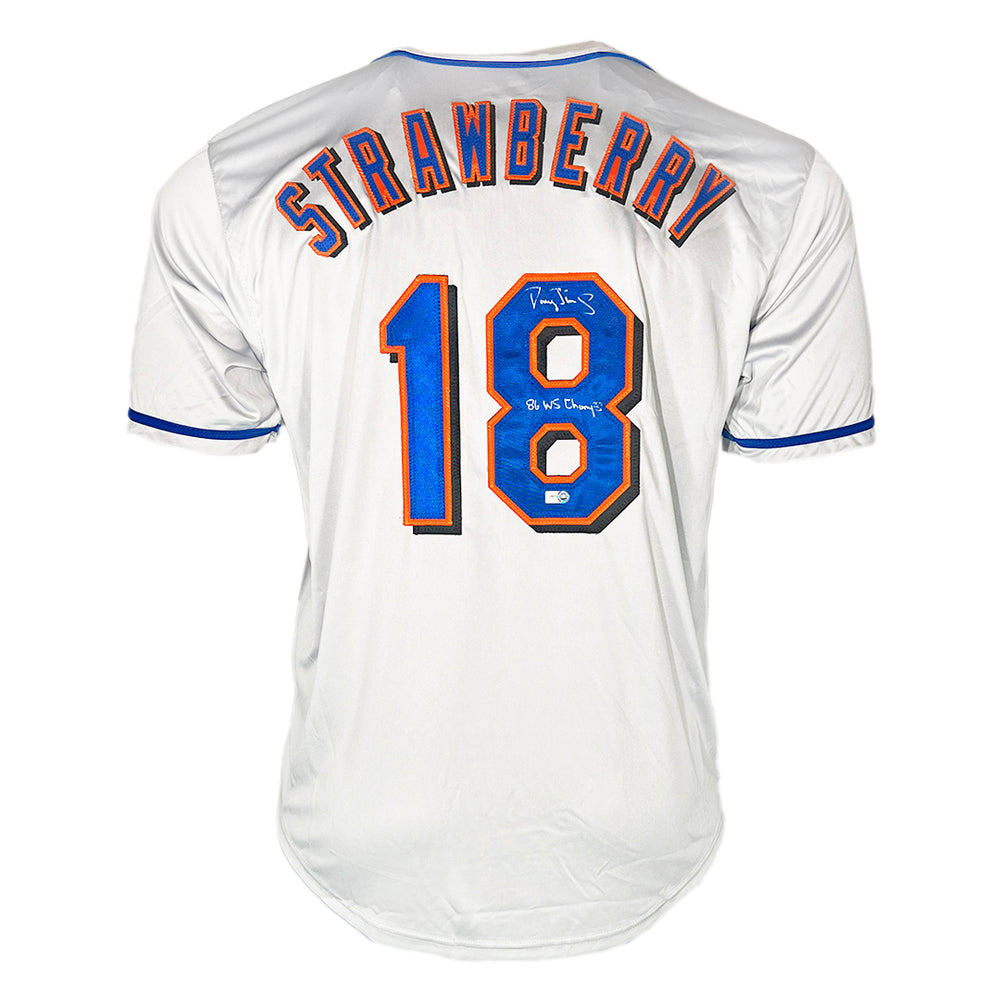 Darryl Strawberry Signed 86 WS Champs Inscription New York #18  Grey Baseball Jersey (MLB)