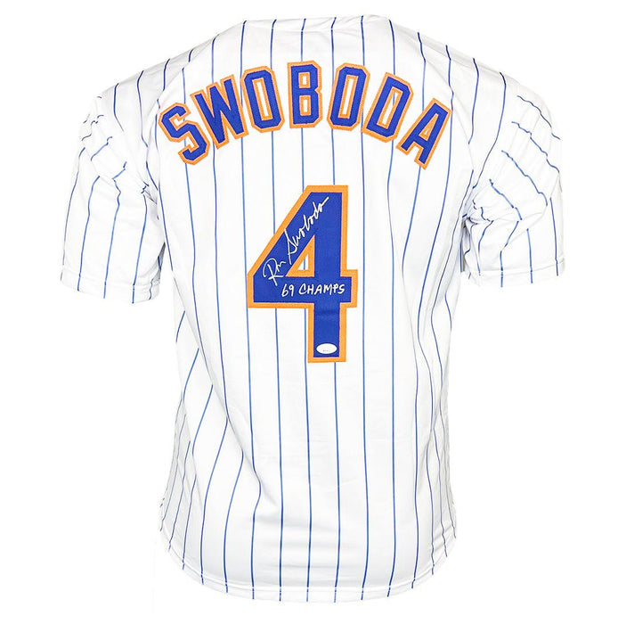 Ron Swoboda Signed 69 Champs Inscription New York Pinstripe Baseball Jersey (JSA) - RSA