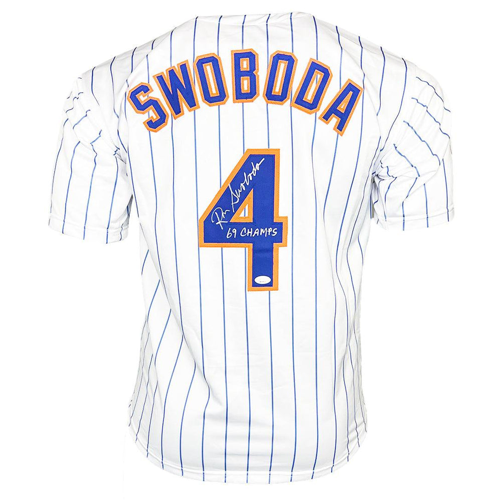 Ron Swoboda Signed 69 Champs Inscription New York Pinstripe Baseball Jersey (JSA) - RSA
