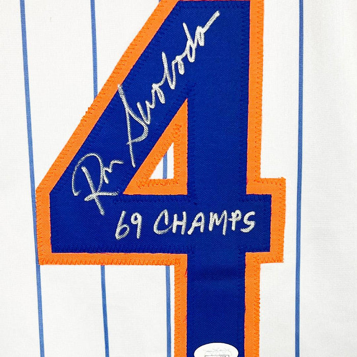 Ron Swoboda Signed 69 Champs Inscription New York Pinstripe Baseball Jersey (JSA) - RSA
