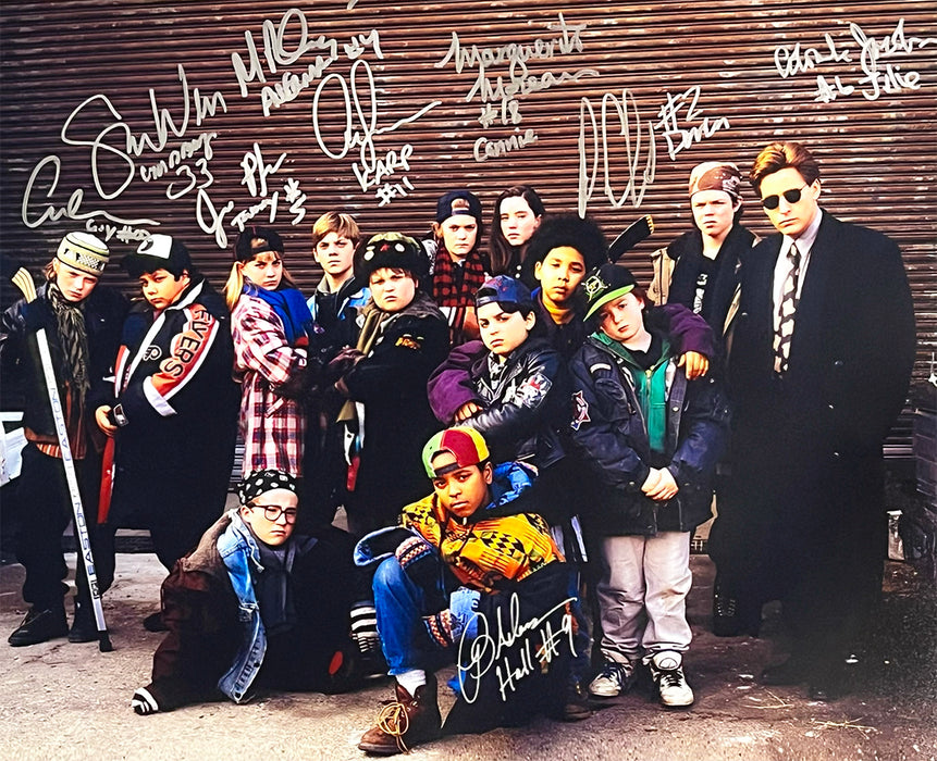 The Mighty Ducks Movie Cast Signed 9 Signature Nickname Inscriptions 16x20 Hockey Photo (Beckett)