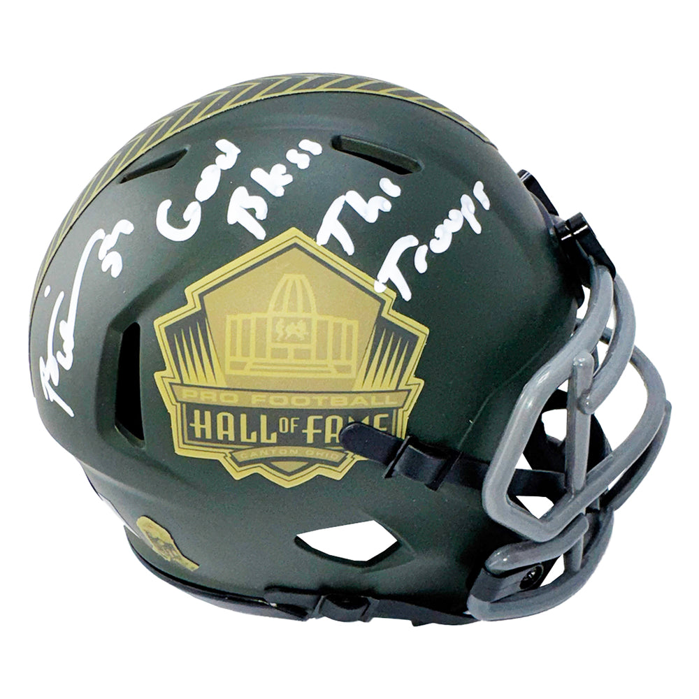 Brian Urlacher Signed God Bless the Troops Inscription Hall of Fame Salute 2025 Mini Football Helmet (Beckett)