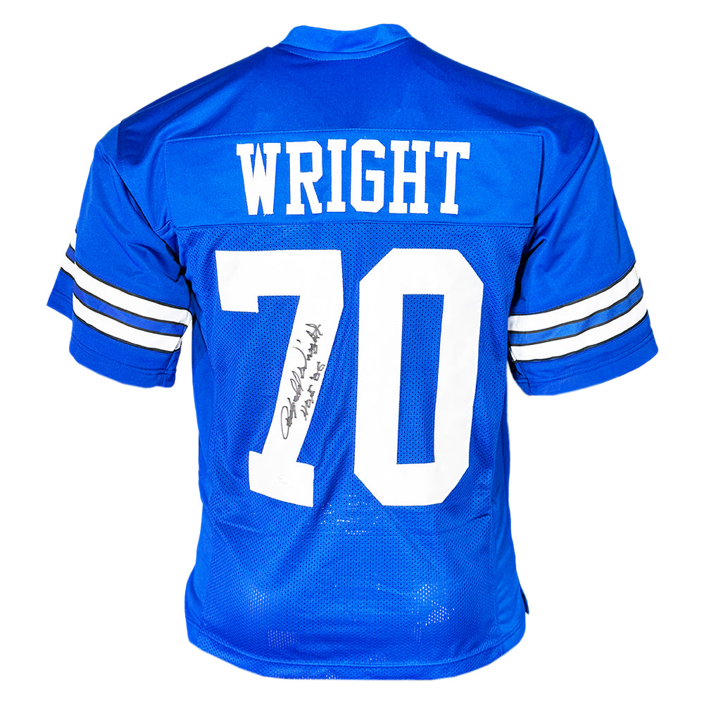 Rayfield Wright Signed HOF 06 inscriptions Dallas Royal Blue Football Jersey (JSA)