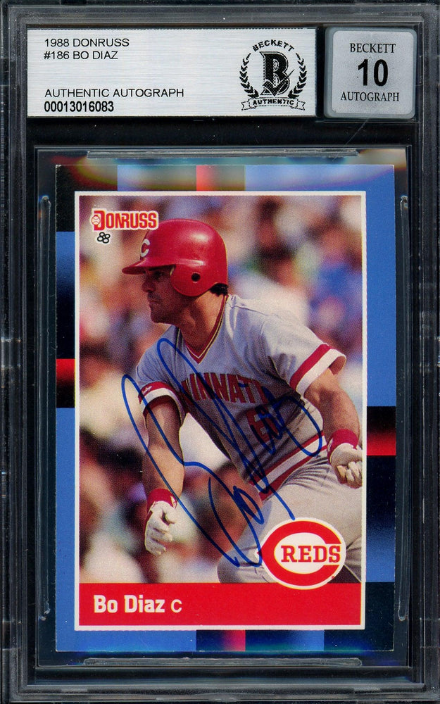 Bo Diaz Autographed 1988 Donruss Card #186 Cincinnati Reds Auto Grade Gem Mint 10 Beckett BAS #13016083 - RSA