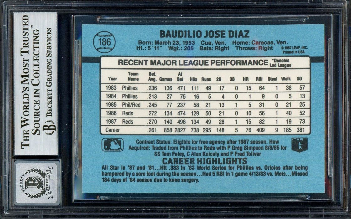 Bo Diaz Autographed 1988 Donruss Card #186 Cincinnati Reds Auto Grade Gem Mint 10 Beckett BAS #13016083 - RSA