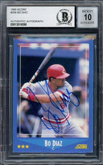 Bo Diaz Autographed 1988 Score Card #206 Cincinnati Reds Auto Grade Gem Mint 10 Beckett BAS #13016090 - RSA