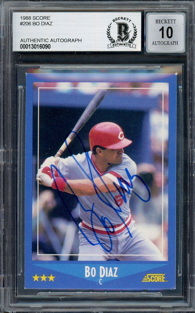 Bo Diaz Autographed 1988 Score Card #206 Cincinnati Reds Auto Grade Gem Mint 10 Beckett BAS #13016090 - RSA