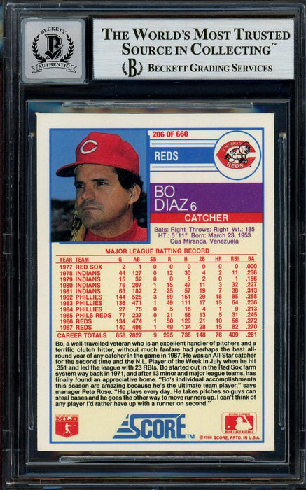 Bo Diaz Autographed 1988 Score Card #206 Cincinnati Reds Auto Grade Gem Mint 10 Beckett BAS #13016090 - RSA