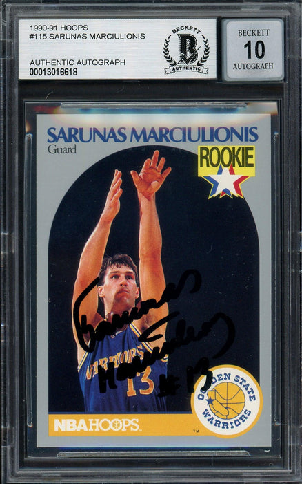 Sarunas Marciulionis Autographed 1990-91 Hoops Rookie Card #115 Golden State Warriors Auto Grade Gem Mint 10 Beckett BAS #13016618 - RSA