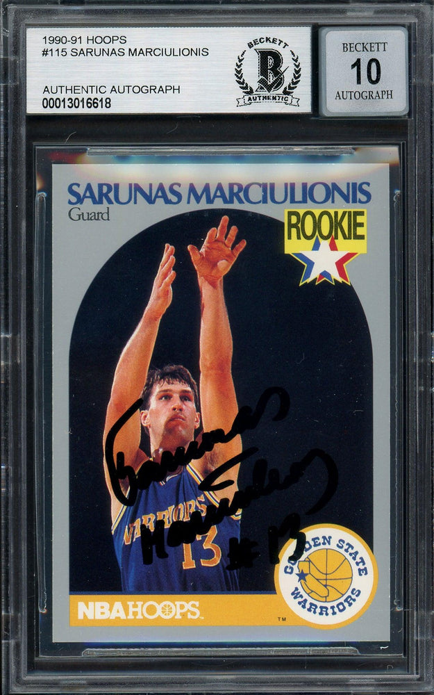 Sarunas Marciulionis Autographed 1990-91 Hoops Rookie Card #115 Golden State Warriors Auto Grade Gem Mint 10 Beckett BAS #13016618 - RSA