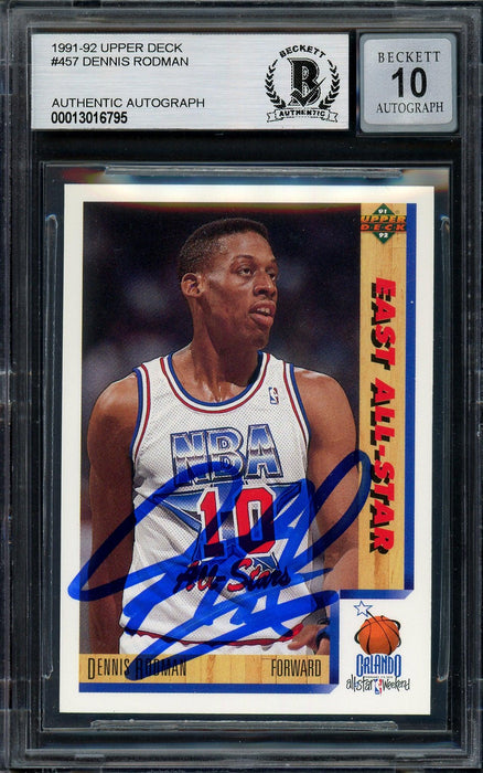 Dennis Rodman Autographed 1991-92 Upper Deck Card #457 Detroit Pistons Auto Grade Gem Mint 10 Beckett BAS Stock #194504 - RSA