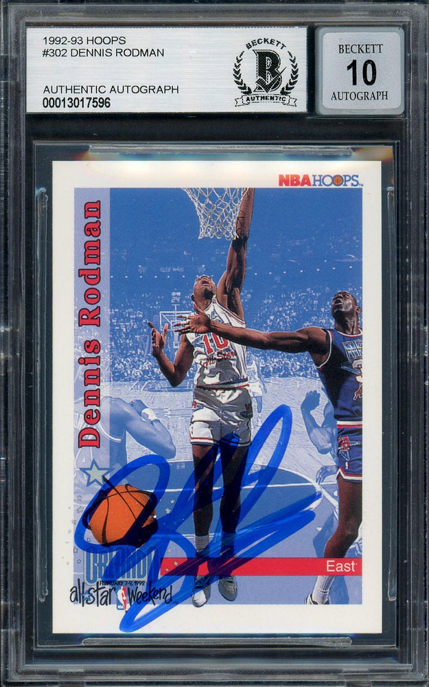 Dennis Rodman Autographed 1992-93 Hoops Card #302 Detroit Pistons Auto Grade Gem Mint 10 Beckett BAS Stock #194558 - RSA