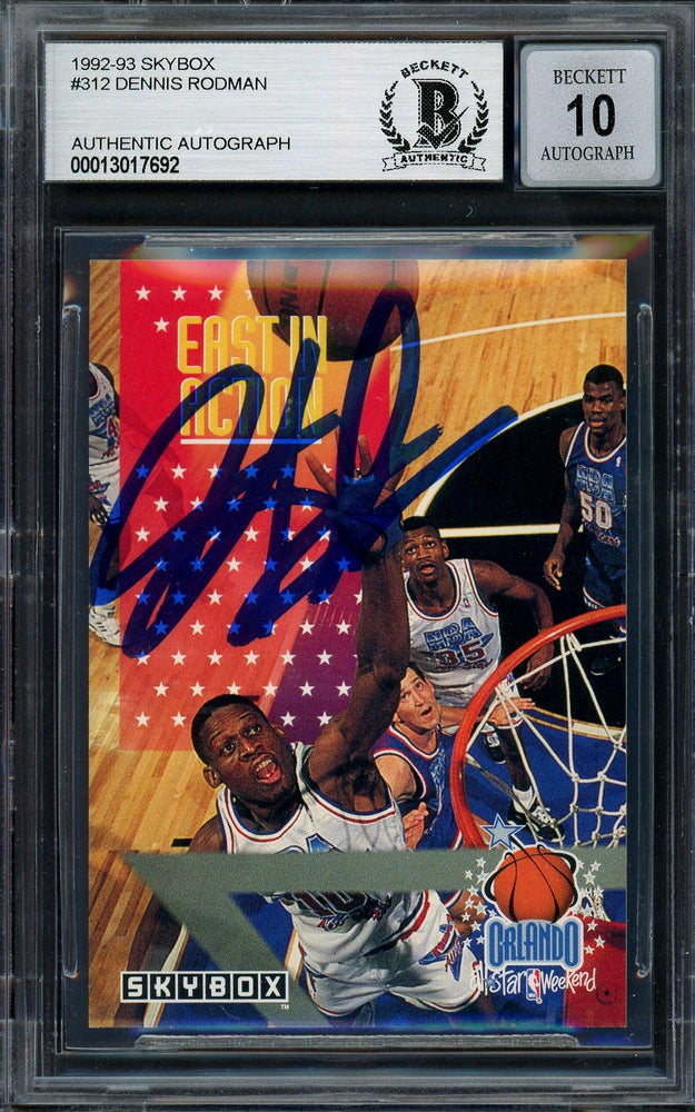 Dennis Rodman Autographed 1992-93 Skybox Card #312 Detroit Pistons Auto Grade Gem Mint 10 Beckett BAS Stock #194571 - RSA