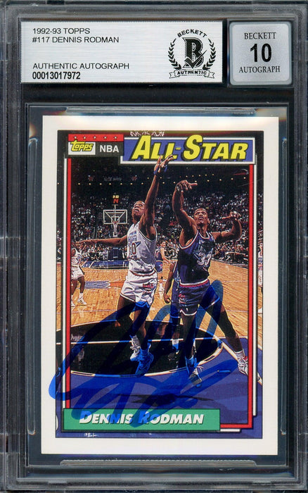 Dennis Rodman Autographed 1992-93 Topps Card #117 Detroit Pistons Auto Grade Gem Mint 10 Beckett BAS Stock #194590 - RSA