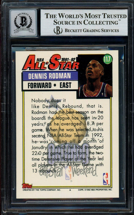 Dennis Rodman Autographed 1992-93 Topps Card #117 Detroit Pistons Auto Grade Gem Mint 10 Beckett BAS Stock #194590 - RSA