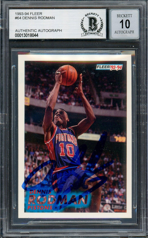 Dennis Rodman Autographed 1993-94 Fleer Card #64 Detroit Pistons Auto Grade Gem Mint 10 Blue Sharpie Beckett BAS Stock #194599 - RSA