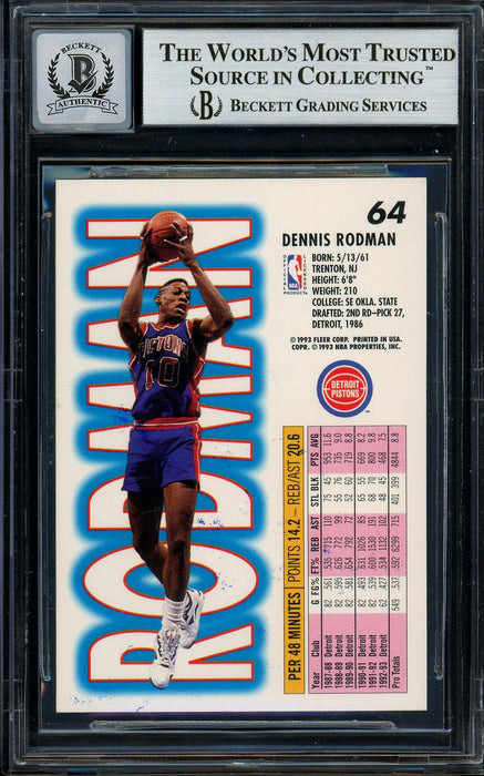 Dennis Rodman Autographed 1993-94 Fleer Card #64 Detroit Pistons Auto Grade Gem Mint 10 Blue Sharpie Beckett BAS Stock #194599 - RSA
