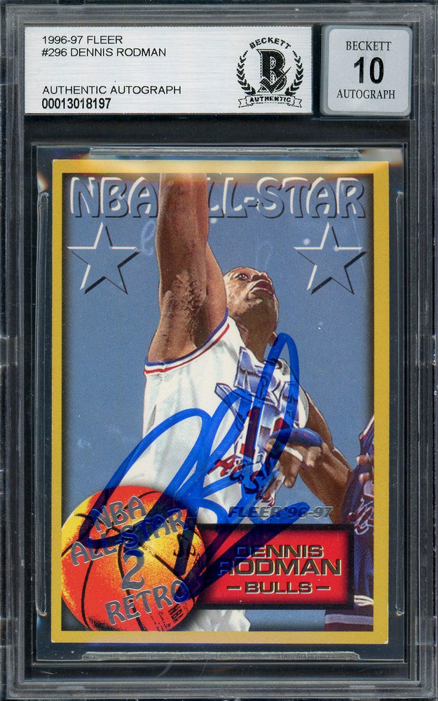 Dennis Rodman Autographed 1996-97 Fleer Card #296 Chicago Bulls Auto Grade Gem Mint 10 Beckett BAS #13018197 - RSA