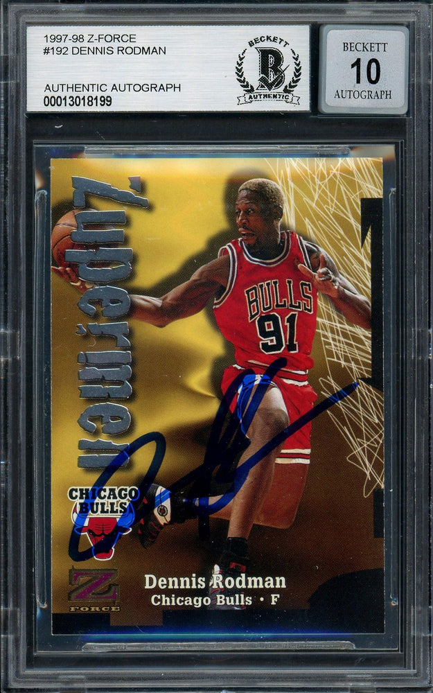 Dennis Rodman Autographed 1997-98 Skybox Zuperman Card #192 Chicago Bulls Auto Grade Gem Mint 10 Beckett BAS #13018199 - RSA
