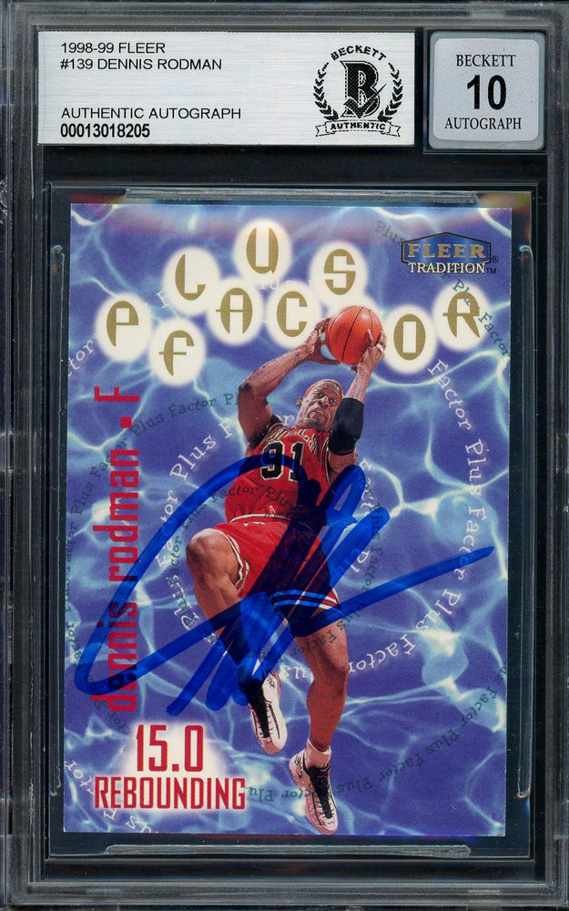 Dennis Rodman Autographed 1998-99 Fleer Tradition Card #139 Chicago Bulls Auto Grade Gem Mint 10 Beckett BAS #13018205 - RSA
