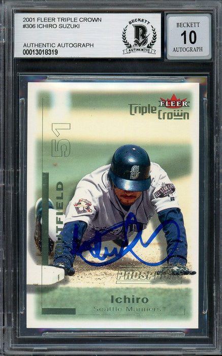 Ichiro Suzuki Autographed 2001 Fleer Triple Crown Rookie Card #306 Seattle Mariners Auto Grade Gem Mint 10 #2196/2999 Beckett BAS #13018319 - RSA