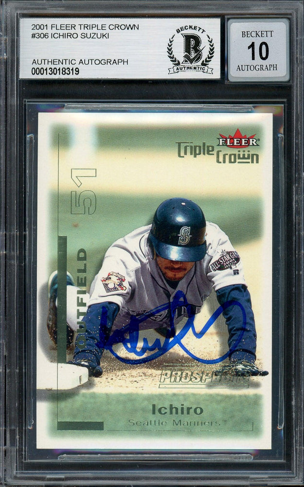 Ichiro Suzuki Autographed 2001 Fleer Triple Crown Rookie Card #306 Seattle Mariners Auto Grade Gem Mint 10 #2196/2999 Beckett BAS #13018319 - RSA