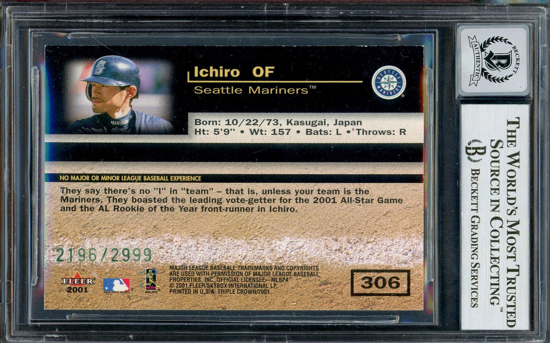 Ichiro Suzuki Autographed 2001 Fleer Triple Crown Rookie Card #306 Seattle Mariners Auto Grade Gem Mint 10 #2196/2999 Beckett BAS #13018319 - RSA