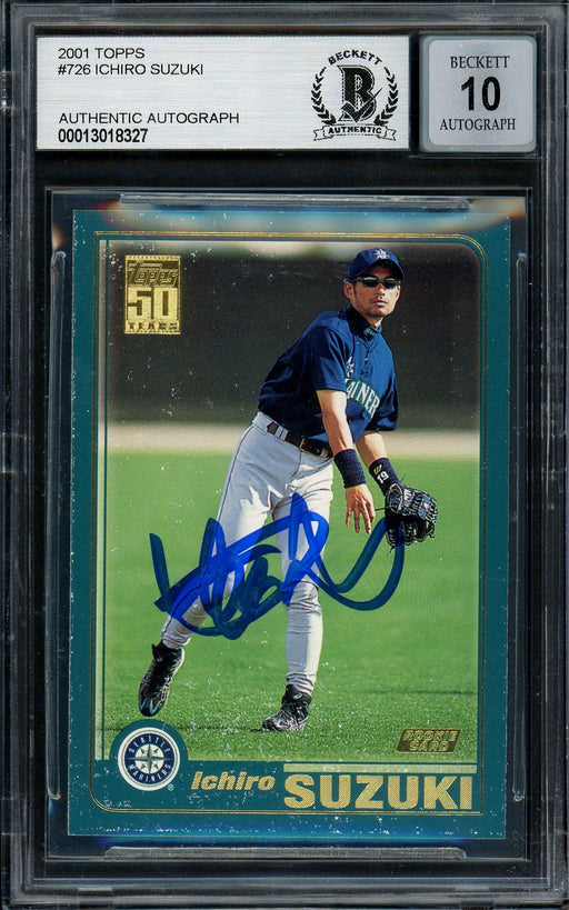 Ichiro Suzuki Autographed 2001 Topps Rookie Card #726 Seattle Mariners Auto Grade Gem Mint 10 (Off Condition) Beckett BAS #13018327 - RSA