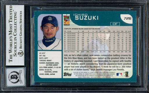 Ichiro Suzuki Autographed 2001 Topps Rookie Card #726 Seattle Mariners Auto Grade Gem Mint 10 (Off Condition) Beckett BAS #13018327 - RSA