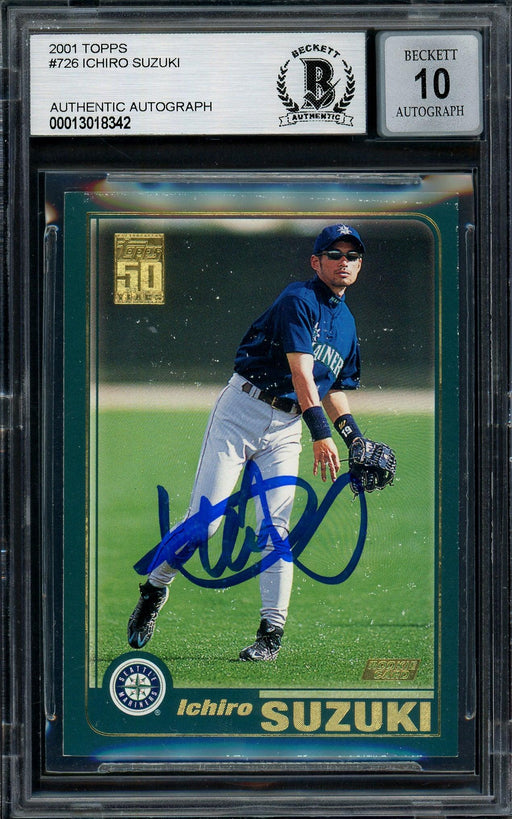 Ichiro Suzuki Autographed 2001 Topps Rookie Card #726 Seattle Mariners Auto Grade Gem Mint 10 (Off Condition) Beckett BAS #13018342 - RSA